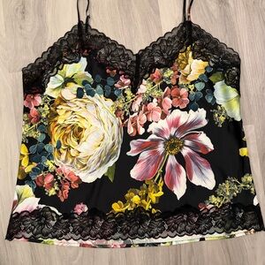 NWOT Floral Lace-Trim Cami Tank Top - Black Multi